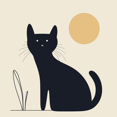 Minimalist Black Cat Illustration with Sun
