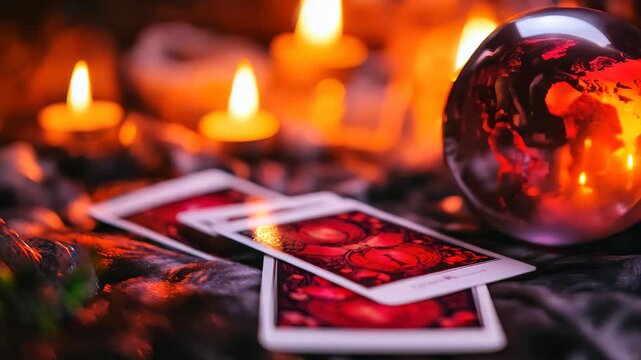 A mystical scene featuring tarot cards laid out next to a crystal ball surrounded by glowing candles, creating a warm and enchanting atmosphere perfect for fortune-telling.