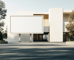 Fototapeta premium A large blank billboard mounted on a modern minimalist building with clean lines. The bright and contemporary scene is perfect for a mockup.