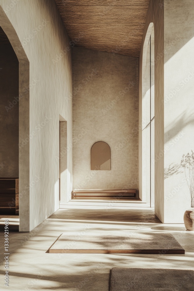 Poster a simple room with a single vase of flowers on the floor