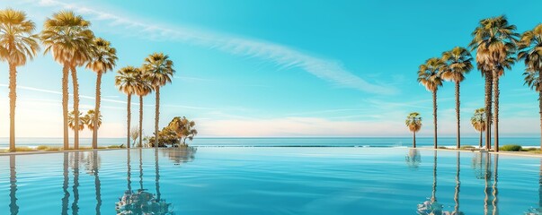 Obraz premium A serene landscape featuring palm trees beside a calm infinity pool, reflecting a vibrant blue sky and a tranquil ocean, perfect for relaxation.
