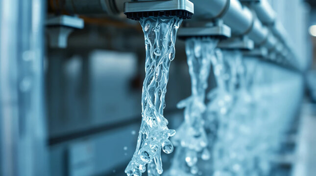 Close-up of water streaming from industrial pipes in a filtration system, emphasizing clean water flow and modern infrastructure.