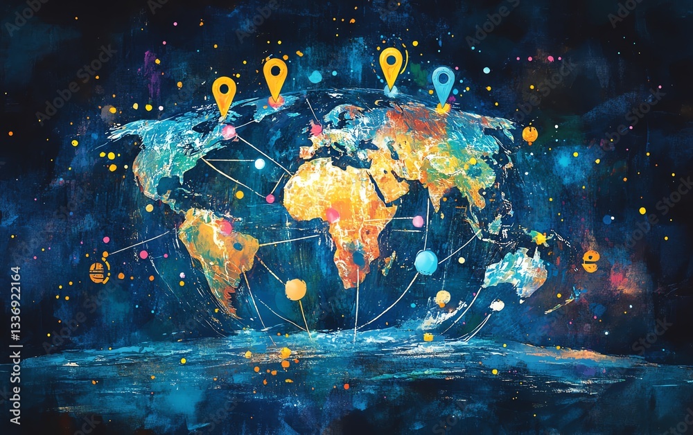 Poster vibrant watercolor earth with prominent location markers, connected by colorful lines representing t
