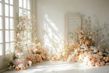 Luxurious Peach and White Floral Arrangement Near Window, Romantic Wedding Decor