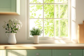 Sunny Kitchen Windowsill Still Life with Flowers, Plants, and Wooden Countertop