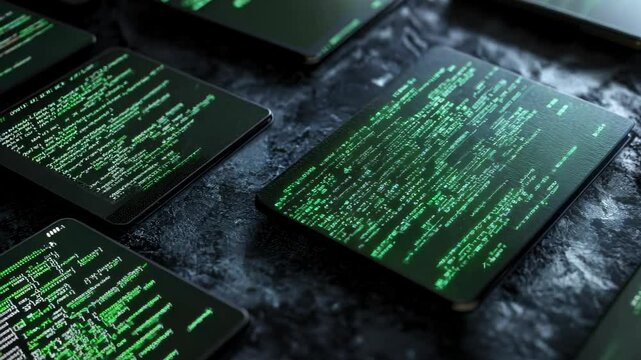 Digital screens display a cascade of green code in a dark environment, showcasing modern technology and cyber aesthetics. Perfect for tech-related themes.
