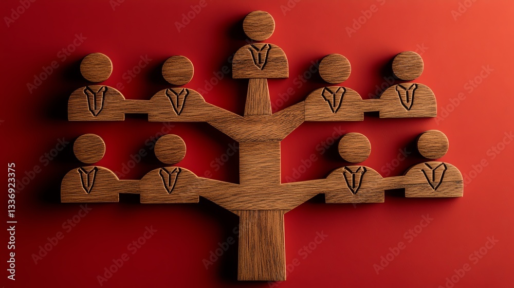 Poster wooden labeled business organizational chart, set against a red background, showing a career path an