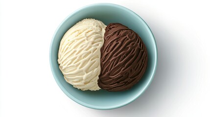 Obraz premium Vibrant bowl featuring creamy chocolate and vanilla ice cream scoops from a top view perspective