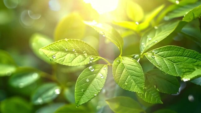 4k雨后阳光植物绿叶绿色树叶生态