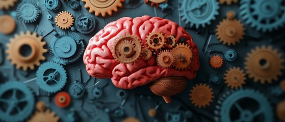 3D human brain with vibrant wooden gears connected in a circular motion