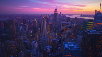 Obraz premium Aerial View of New York City Skyline at Sunset with Glowing Skyscrapers