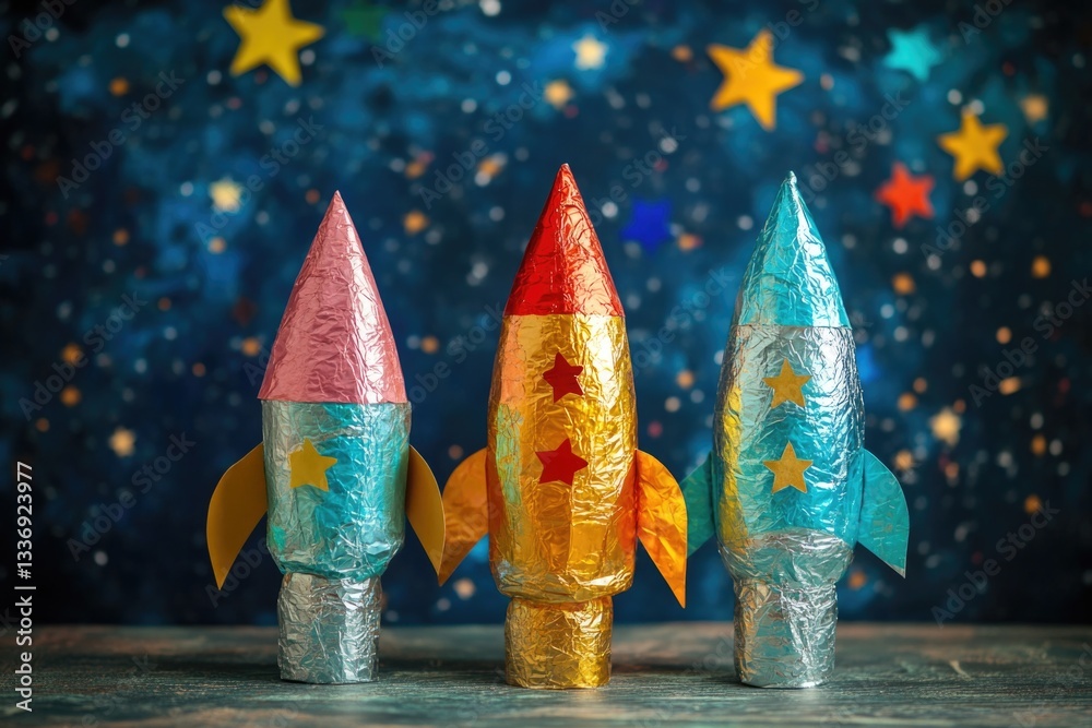 Poster A group of colorful paper rockets sit on a table, ready for use or display