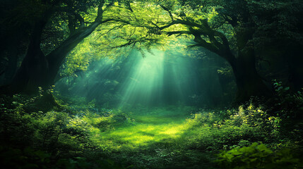 Fototapeta premium Deep Forest with Contrast Between Dark Shadows and Bright Sunlight