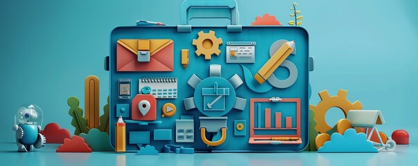 A vibrant, creative workspace featuring a 3D suitcase packed with colorful business tools, graphs, and gadgets. Perfect for innovation themes.