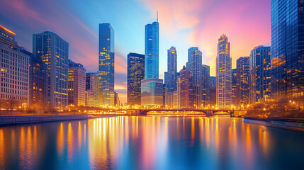 Fototapeta premium Glistening City Skyline at Dusk with Tall Skyscrapers and Vibrant Lights