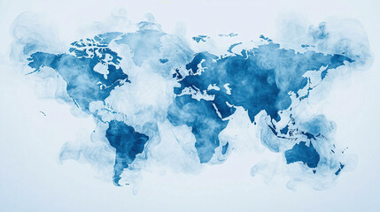 blue ink world map on white background, smokey fog watercolor atmosphere, global globe one world 2d illustration geography planet earth geographic illustration