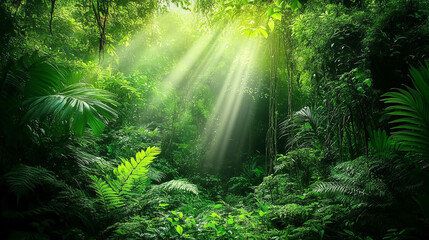 Obraz premium Lush Jungle with Sunlight Filtering Through Dense Foliage, High-Angle View