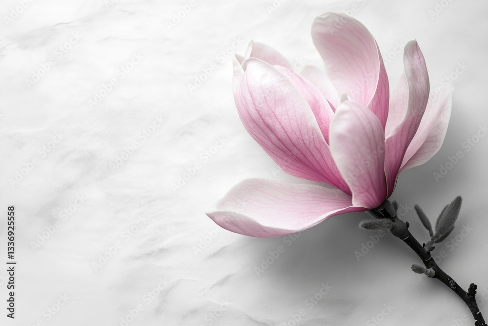 Poster a single pink flower sits on a white table, ready for display or use as a centerpiece