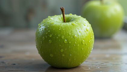 Green Apple, Fresh green apple with water droplets on blurred background, Close-up picture of juicy green apple