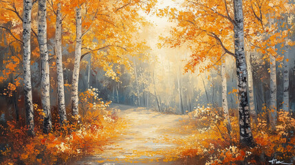 Fototapeta premium Vibrant Autumn Forest with Golden Leaves in Soft Morning Light