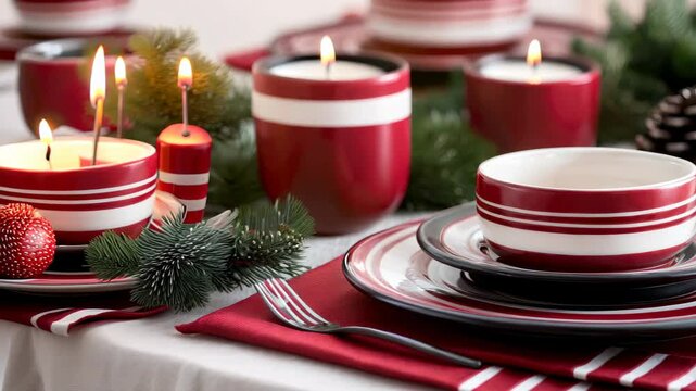 Create a warm and inviting atmosphere with this cozy holiday table setting featuring red and white ceramic dishes, candles, and natural accents. Perfect for festive gatherings.