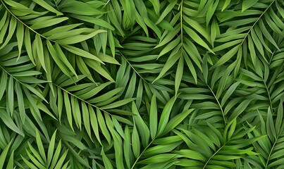 Dense arrangement of green, pointed leaves creates a visually rich, textured pattern and evokes a tropical ambiance