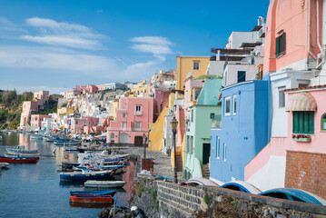 view of the narrow streets of old colorful houses in the center of the island Italy Naples, Procida...
