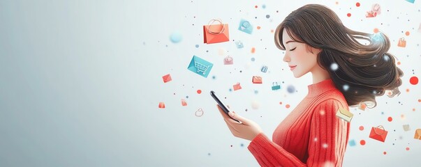 A woman using a smartphone, immersed in digital shopping, showcasing modern lifestyle and technology. Colorful shopping elements surround her.