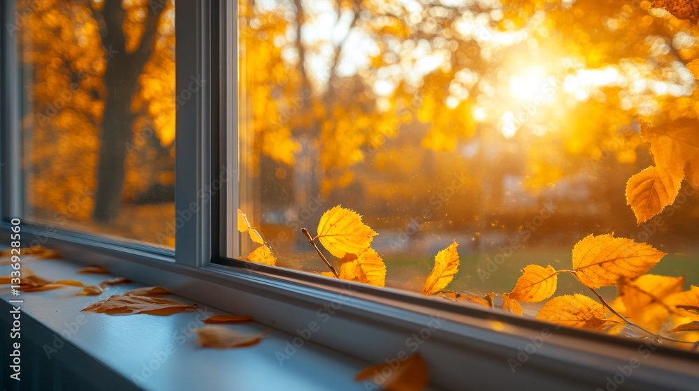 Poster warm sunlight pours into the cozy room through the window, illuminating vibrant autumn leaves and cr