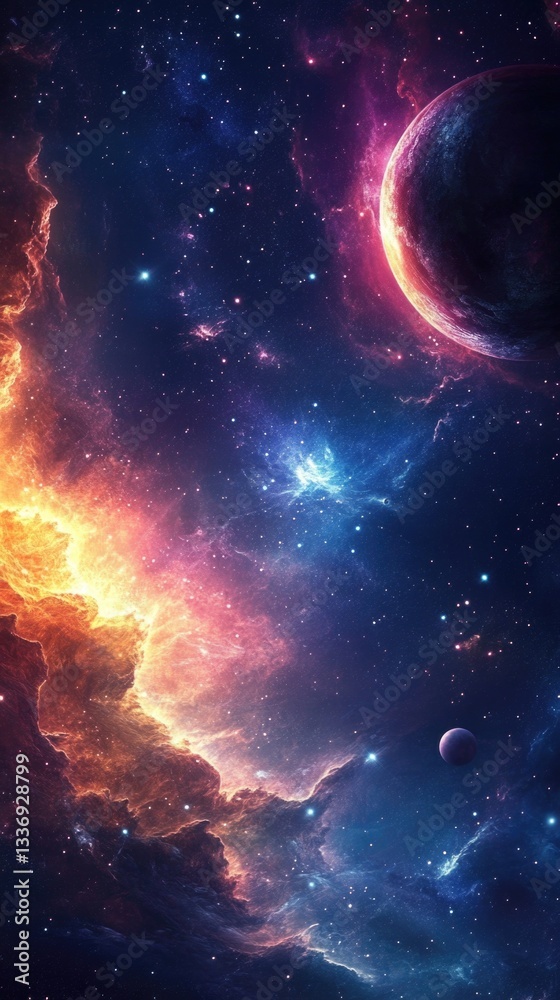 Poster a depiction of celestial bodies in the vastness of space, suitable for astronomy-related or futurist