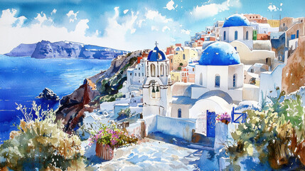 Fototapeta premium A breathtaking landscape captures the iconic white buildings with blue domes in Santorini, overlooking the sparkling Aegean Sea. Bright colors and idyllic scenery create tranquility