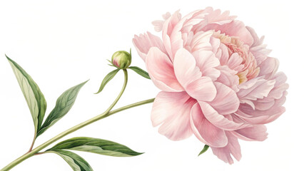 peony delicate pastel pink unfolds its lush petals, showcasing intricate details and vibrant green leaves. This beautiful flower symbolizes grace and elegance, evoking sense of tranquility and