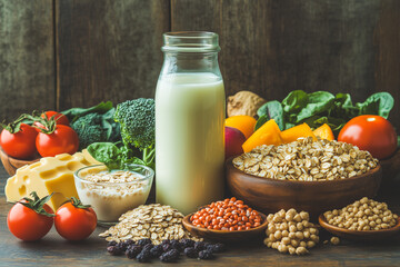 Healthy food choices on wooden floor. Detox and clean eating concept. Foods high in vitamins, minerals and antioxidants. Anti-aging foods.