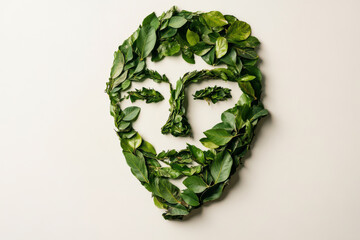 flat lay view of a person profile shape made from a leaf on a plain background