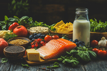Healthy food choices on wooden floor. Detox and clean eating concept. Foods high in vitamins, minerals and antioxidants. Anti-aging foods.