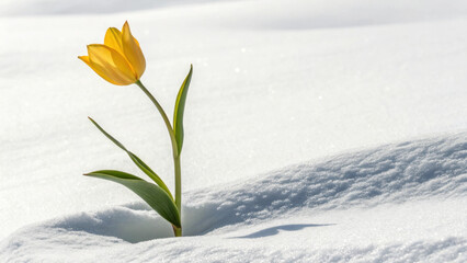 single bright yellow tulip stands tall amidst blanket of white snow, symbolizing resilience and beauty cold environment. contrast between vibrant flower and snowy landscape evokes sense of hope