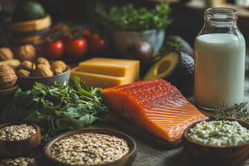 Healthy food choices on wooden floor. Detox and clean eating concept. Foods high in vitamins, minerals and antioxidants. Anti-aging foods.