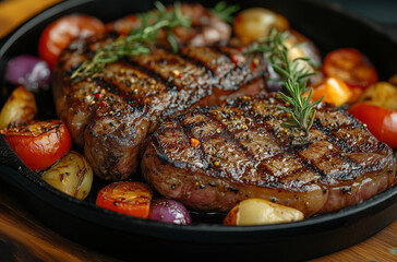 Steak placed on a black plate, on a wooden surface.