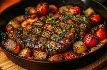 Steak placed on a black plate, on a wooden surface.