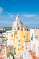 view of the seashore from old colorful houses and the church Santuario S. Maria delle Grazie...