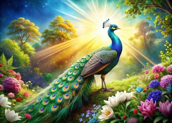 Majestic Peacock in Lush Garden: Artistic Wildlife Illustration, Copy Space Left