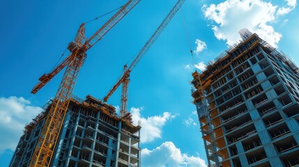 Construction cranes over skyscraper under construction
