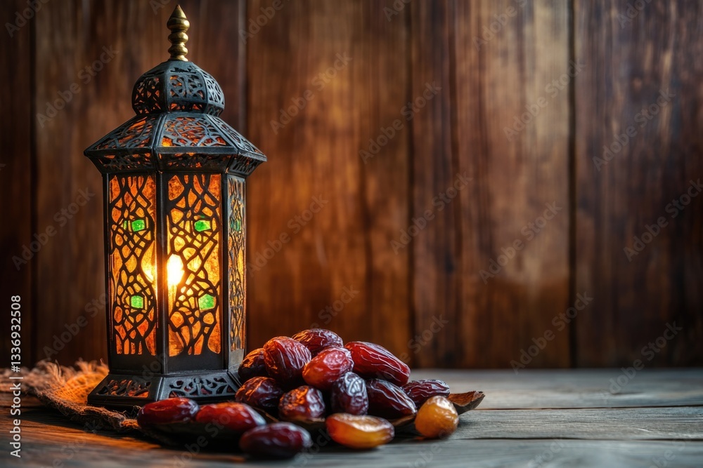 Aufkleber A close-up of dates and a lantern on a table, great for romantic dinner or intimate setting