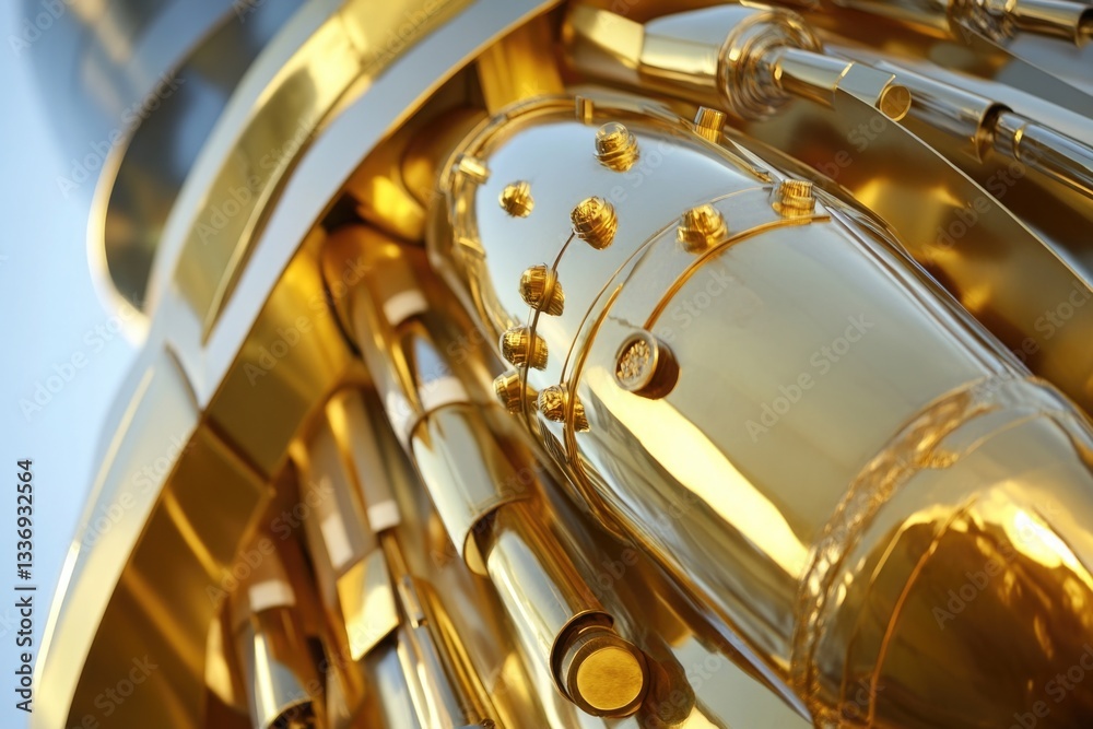 Poster a close-up view of a gold instrument with a bright blue sky in the background, great for use in trav