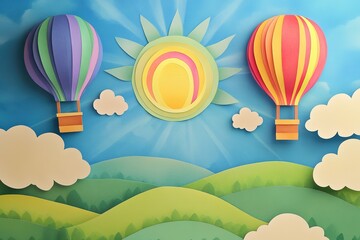 Colorful Paper Cut Hot Air Balloons Flying Over Green Hills Sunny Sky
