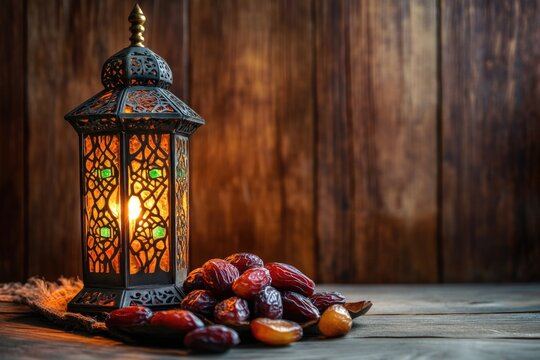 A close-up of dates and a lantern on a table, great for romantic dinner or intimate setting