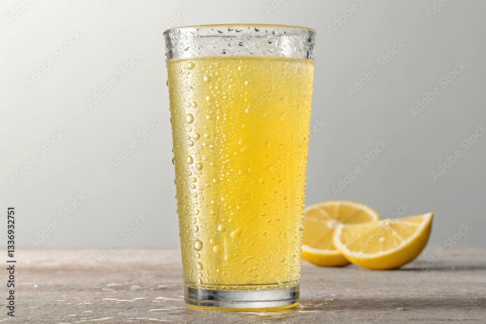 Poster A refreshing lemon drink in a glass, sparkling with bubbles, accompanied by lemon slices on a textured surface.