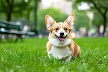 A happy Corgi with perked ears sits in a grassy park, smiling at the camera with benches in the background.
