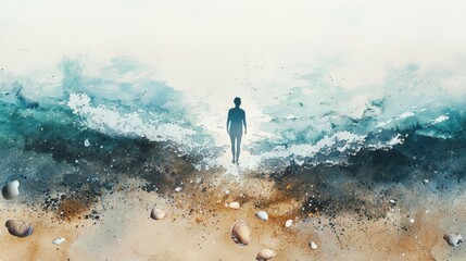 A lone figure walks along the beach where the surf meets the sand, surrounded by seashells. Waves crash softly as dawn breaks, creating a serene atmosphere