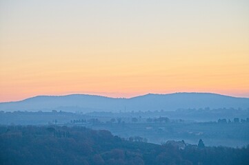 Sunrise and Fog Umbria Tuscany Italy January